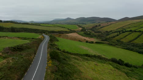 Forwards-fly-above-road-in-countryside.-Cloudy-day-in-landscape-with-green-meadow-and-pastures.-Ireland