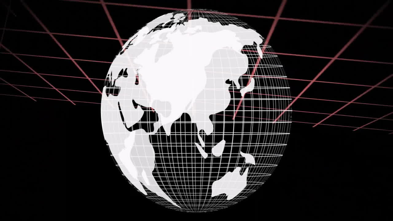 Rotating globe with grid lines animation over red and black geometric background