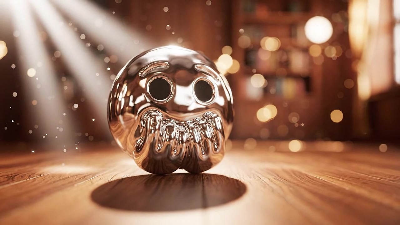 Una sfera d'argento lucida con caratteristiche distintive catturata in due inquadrature distinte, che mostra i suoi occhi espressivi e la superficie testurizzata in un ambiente caldo.