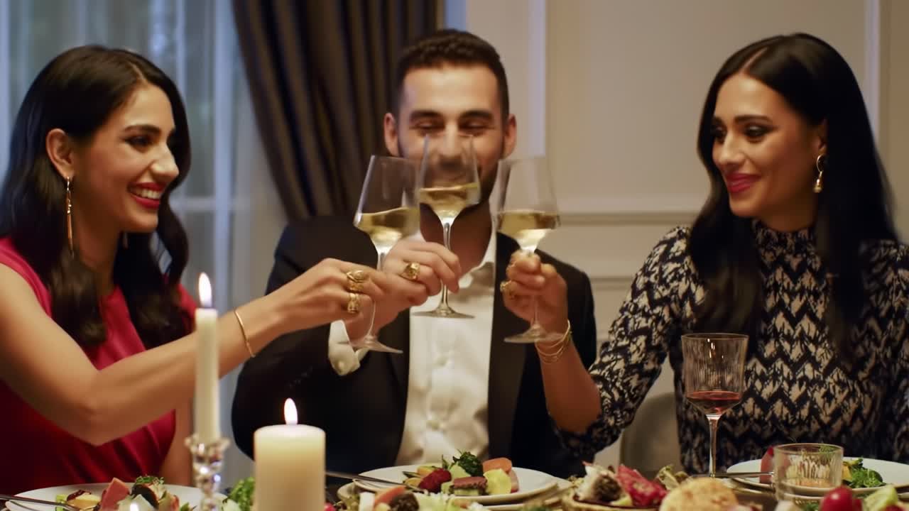 A Joyous Celebration: Friends Raising Their Glasses in Toast Amidst a Lavish Dinner Setting with Exquisite Dishes and Warm Candlelight