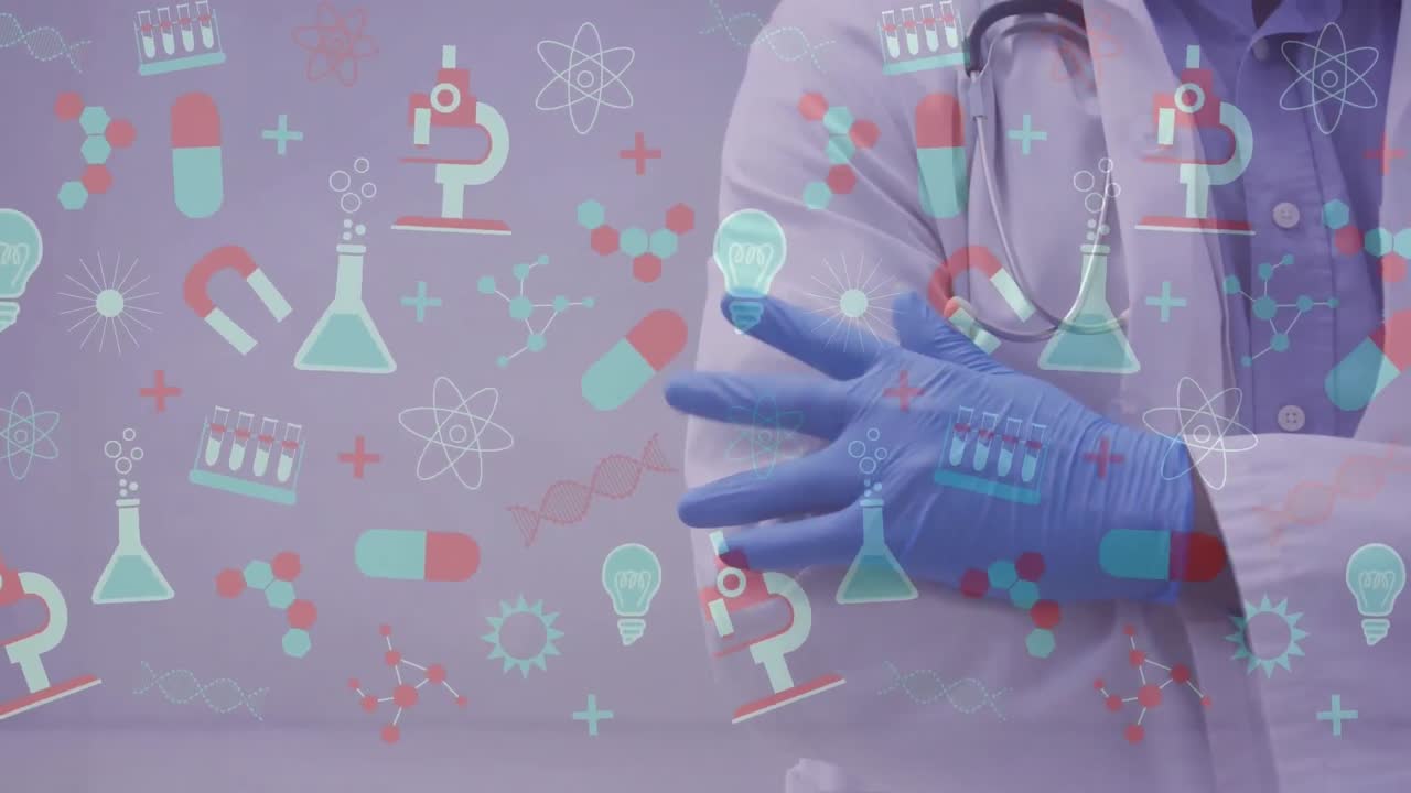 수술 장갑을 입은 의사의 중간 부분을 가로지르는 의료 아이콘의 애니메이션