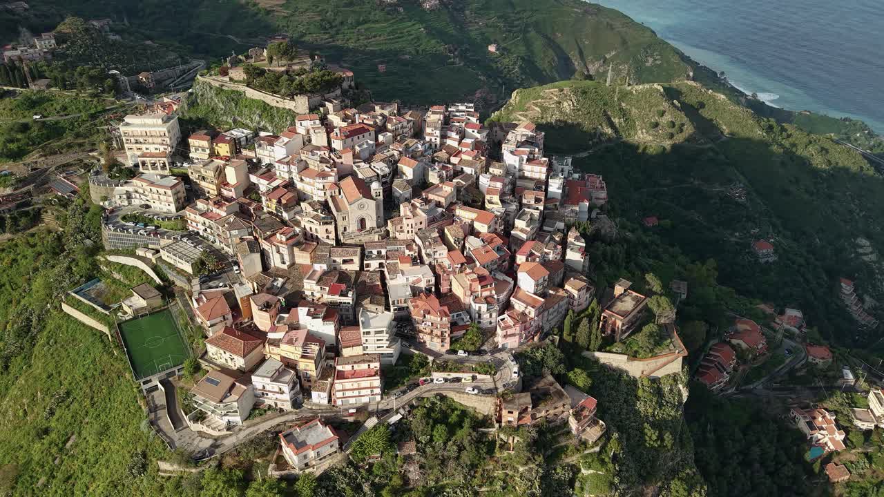 Scenic aerial view of Castelmola village in Sicily on a sunny day