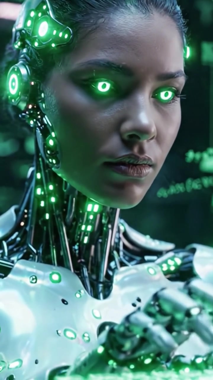 Essere cibernetico futuristico impegnato nell'analisi dei dati, circondato da dense grafiche verdi, che fonde bellezza e tecnologia in un'estetica sci-fi unica