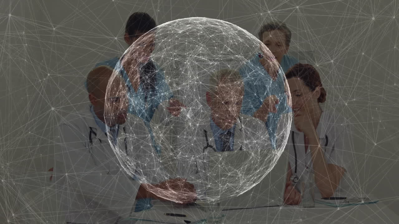 Medical team collaborating at meeting table, exploring holographic globe connections over documents