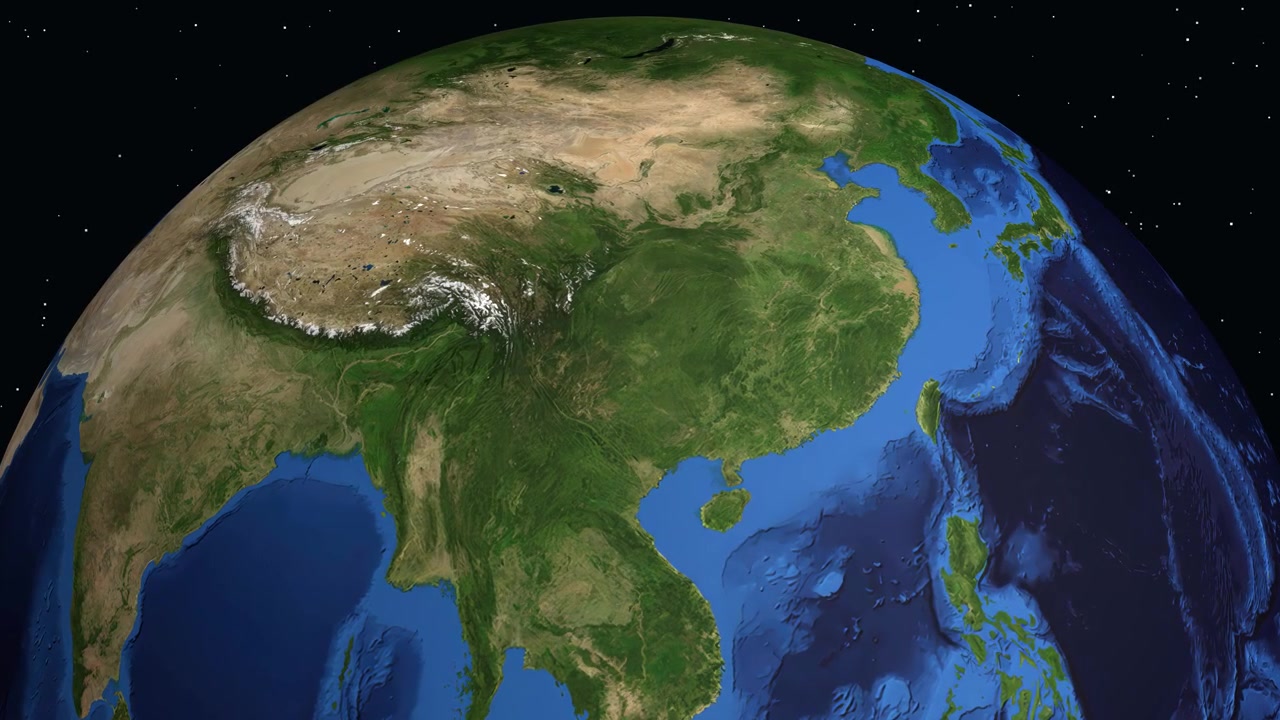 Uno zoom cinematografico dallo spazio ad Anshun, Cina, che mostra statistiche sulla popolazione su un globo rotante.