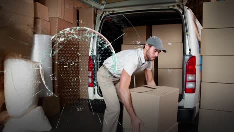 Animation of globe of connections over delivery man with cardboard box