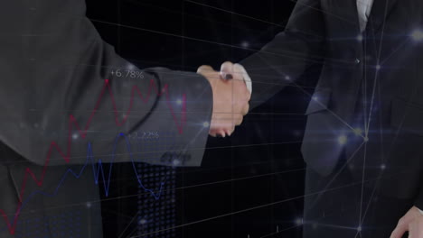 animation of data processing over caucasian business people shaking hands