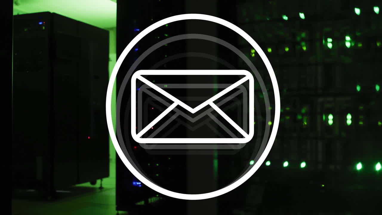 Animation of email icon and digital data processing over computer servers