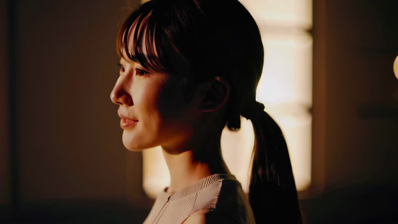 프로필 뷰 에서 미소 짓는 젊은 여자