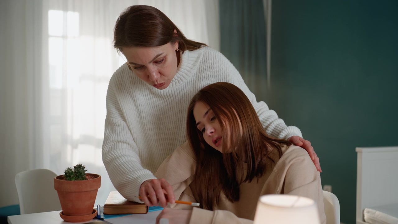 Studente stressato che riceve tutoraggio pratico, il coach si china sul quaderno e indica le frasi offrendo rassicurazione calma, correzione con penna e pratica guidata sotto la luce calda della lampada, esame concentrato.