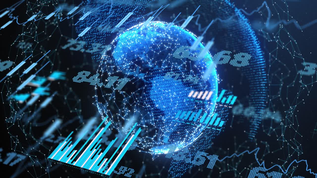 Animation of financial data processing over globe with connections