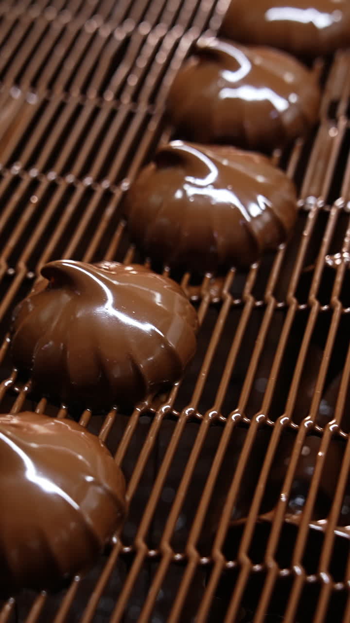 Marshmallows just coated with chocolate are on conveyor line. Tasty sweets production at the factory. Close up. Vertical video