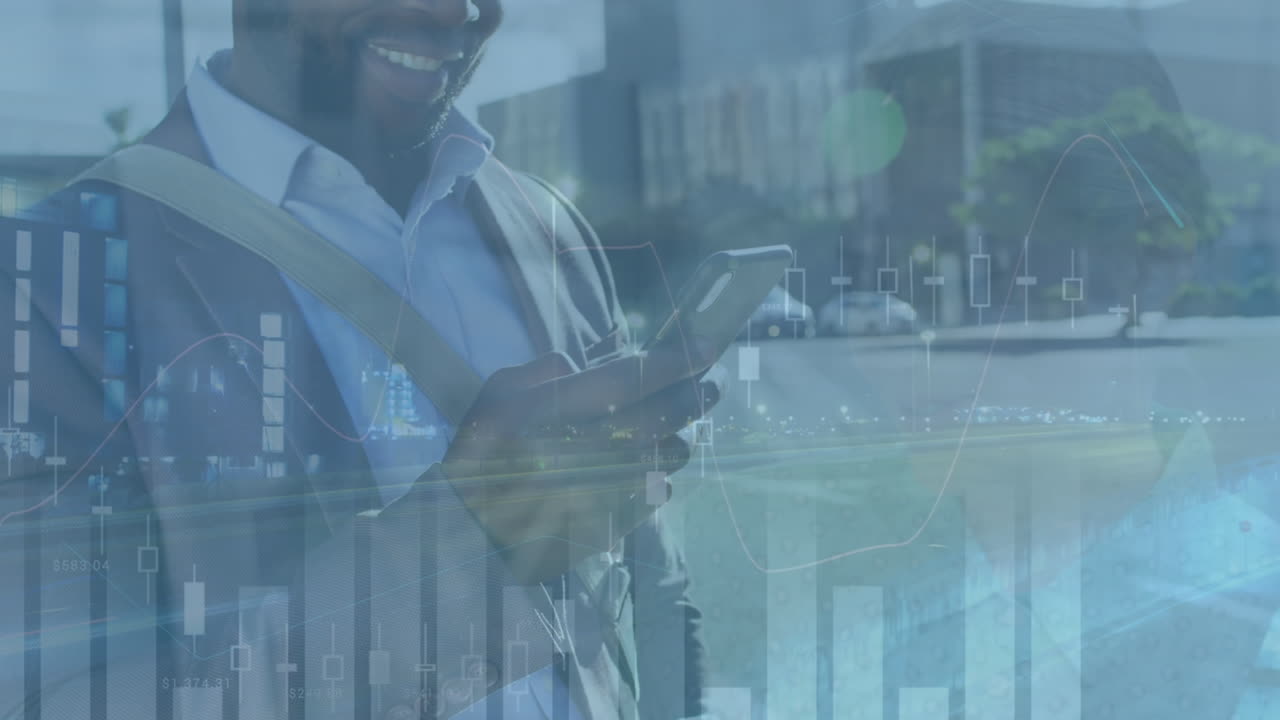 animazione del paesaggio cittadino su uomini afroamericani che utilizzano smartphone