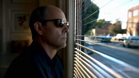 man in sunglasses looking out a window through blinds