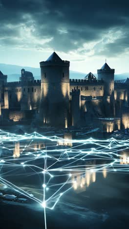 a medieval castle illuminated at night with glowing network lines