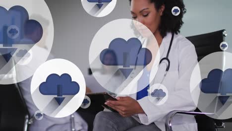 animation of cloud icons over biracial female doctor