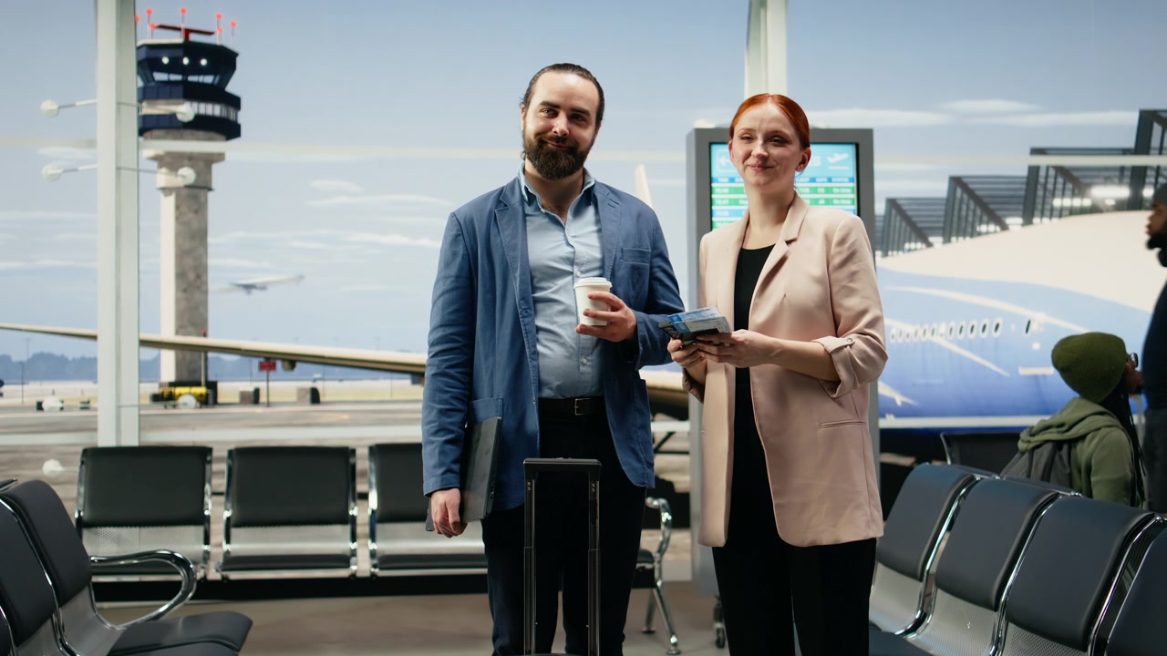 Ritratto di colleghi che controllano i dettagli del volo in aeroporto durante un viaggio di lavoro