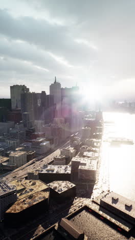 aerial view of city skyline at sunset