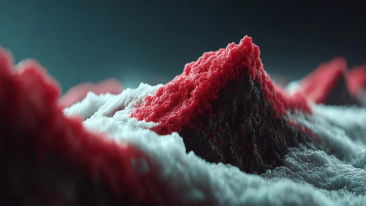 A Stunning Display of Textures and Colors: Red Peaks Surrounded by Clouds Captured in Close-Up Detail, Showcasing Nature's Intriguing Patterns and Contrasts