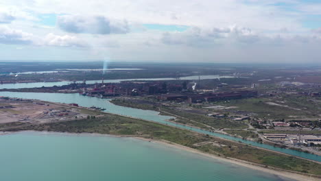 Petroleum-refinery-south-of-France-aerial-view-mediterranean-sea-large-complex