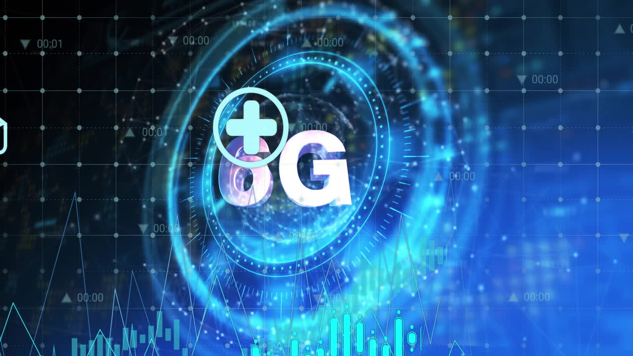 animación de un círculo iluminado con texto de 6g, múltiples gráficos e íconos de recursos sostenibles