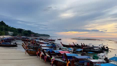 Anchored-long-tail-boats-in-the-port-of-Phi-Phi-island-of-Thailand-in-the-morning-at-sunrise