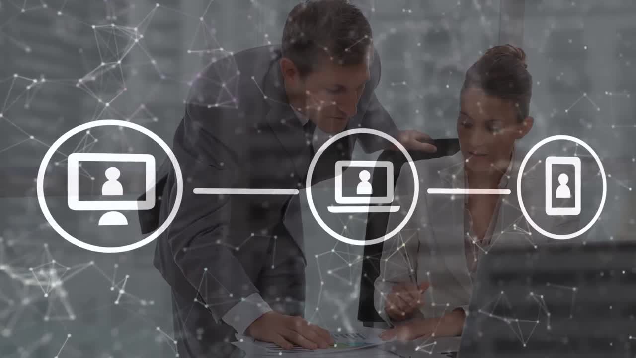 animación de la red de conexiones sobre empresario caucásico y mujer de negocios discutiendo