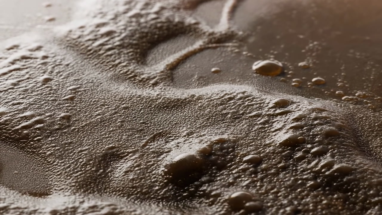 Molten Chocolate Surface With Glossy Bubbles, Artisan Chocolatier Perspective Macro Texture Shot, Warm Brown