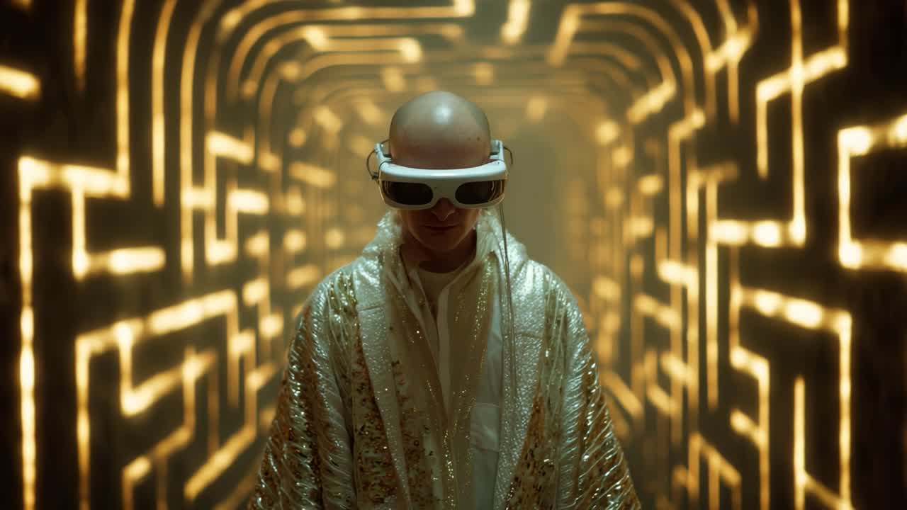 A futuristic figure stands confidently within an illuminated maze, showcasing a bold and stylish aesthetic. With sleek goggles and a shimmering cloak, the atmosphere radiates energy and innovation