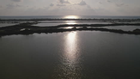 Luftaufnahme-Im-Vorwärtsflug-Von-Fischteichen-Am-Meer,-Spiegelsilhouette,-Zeitlupe-1