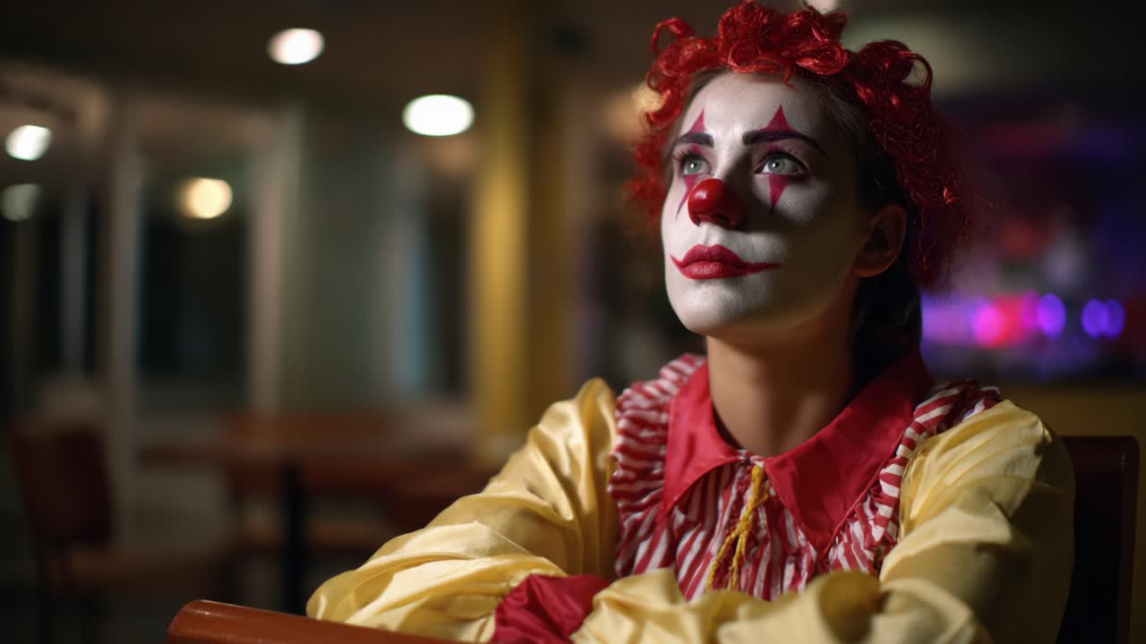 A contemplative clown sits quietly in a dimly lit space, reflecting on the complexities of performance, joy, and the life behind the colorful makeup and costume