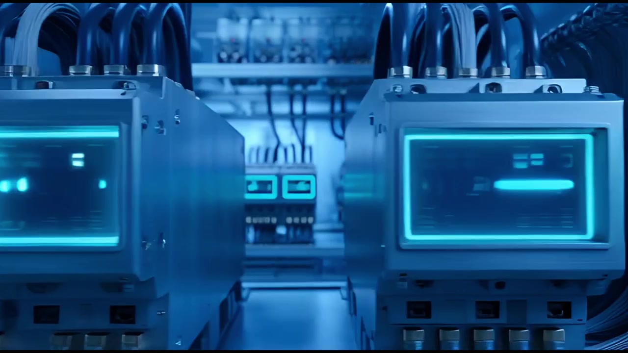 Futuristic Electronic Modules with Glowing Displays in a Data Center