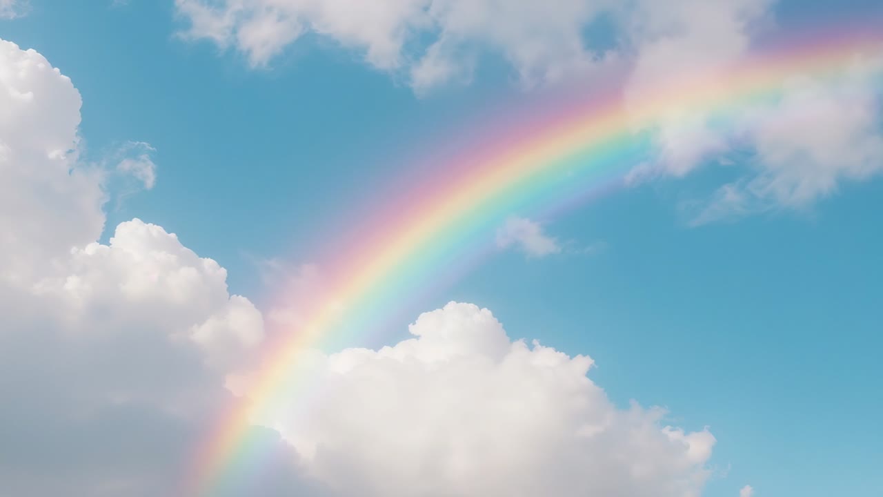 Sunlight hitting moisture creating rainbow arching across blue sky, with drifting cumulus clouds