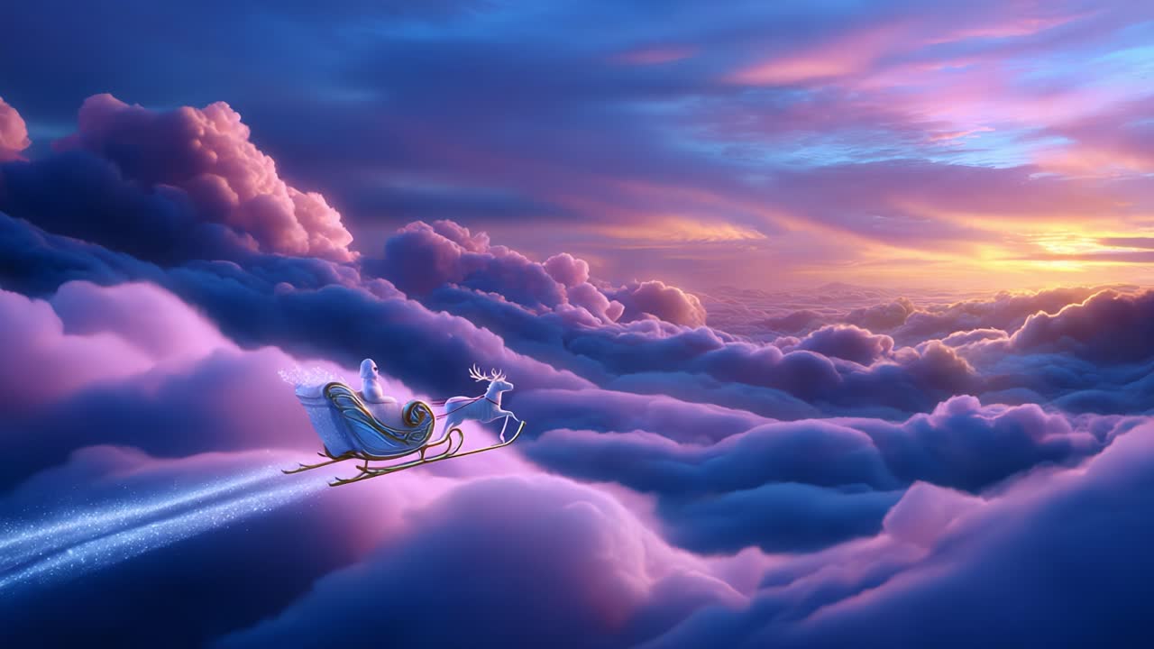 A Magical Journey Through Colorful Clouds: A Sleigh Soars Gracefully in the Sky, Driven by a Dashing Reindeer, as the Setting Sun Casts a Beautiful Glow Over the Dreamy Landscape in this Enchanting Scene