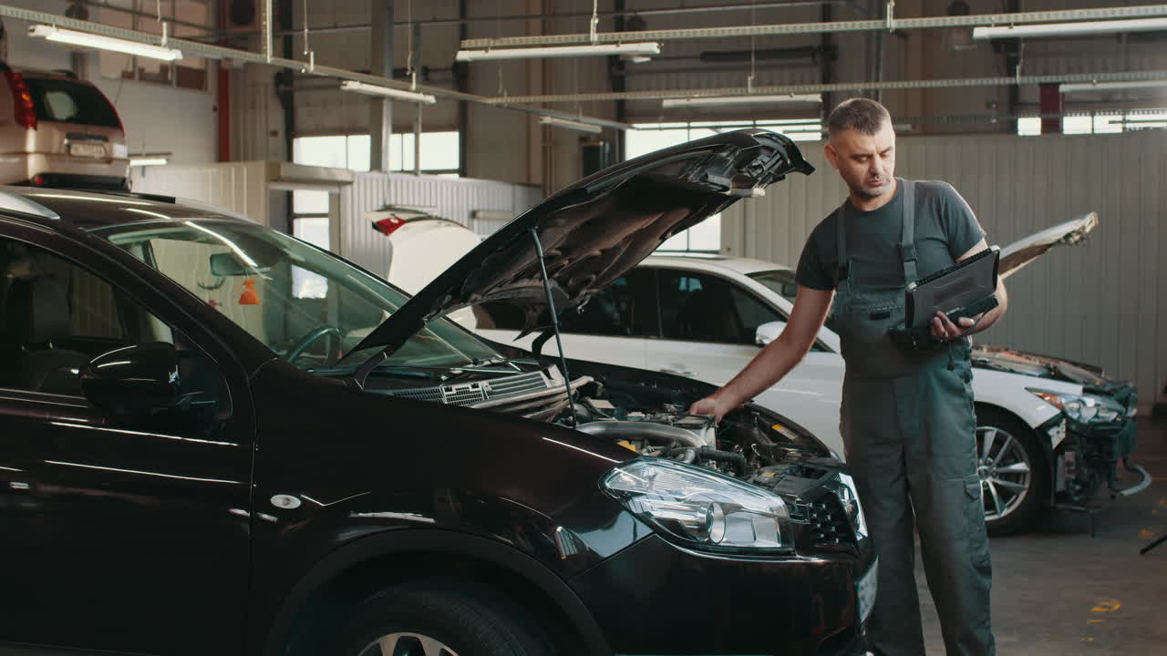 mecánico de automóviles inspeccionando un motor de automóvil