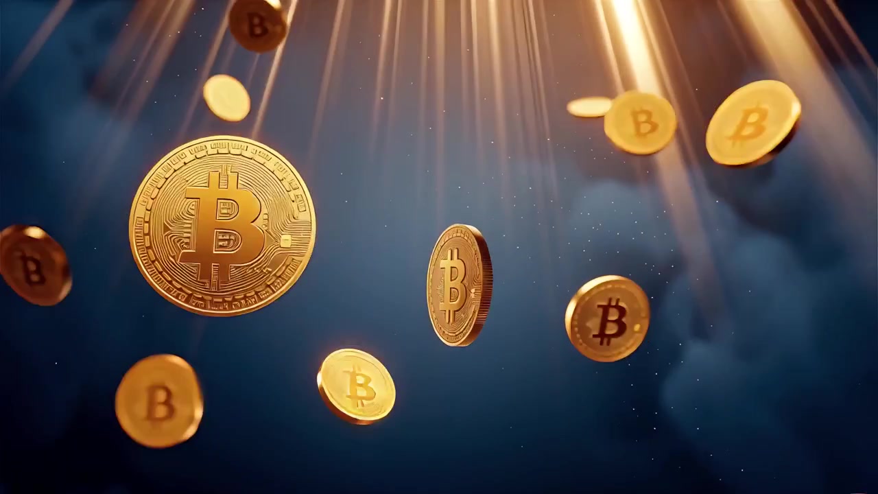 Bitcoin in rotazione su sfondo nero drammatico 4k