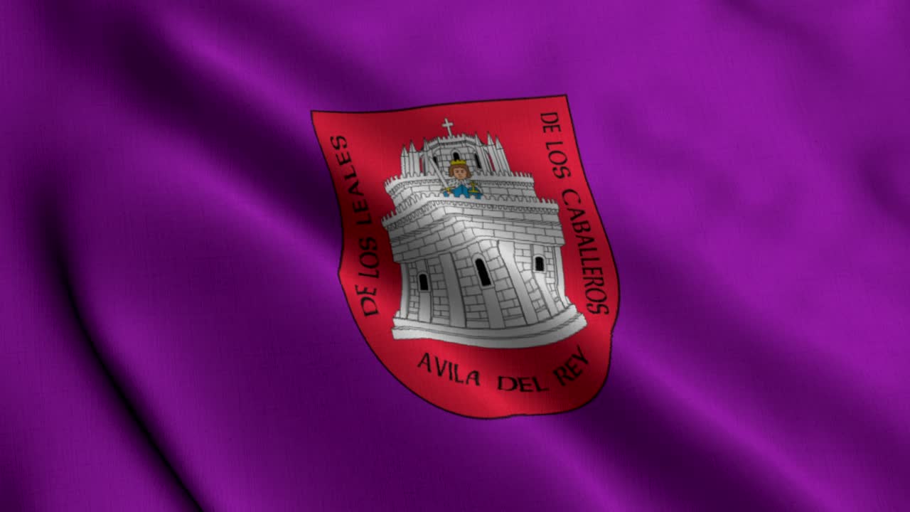 Bandiera sventolante della città di Ávila in Spagna, design viola e bianco con stemma ufficiale che sventola al vento, filmato 4K dettagliato per progetti culturali, storici, di viaggio e documentaristici