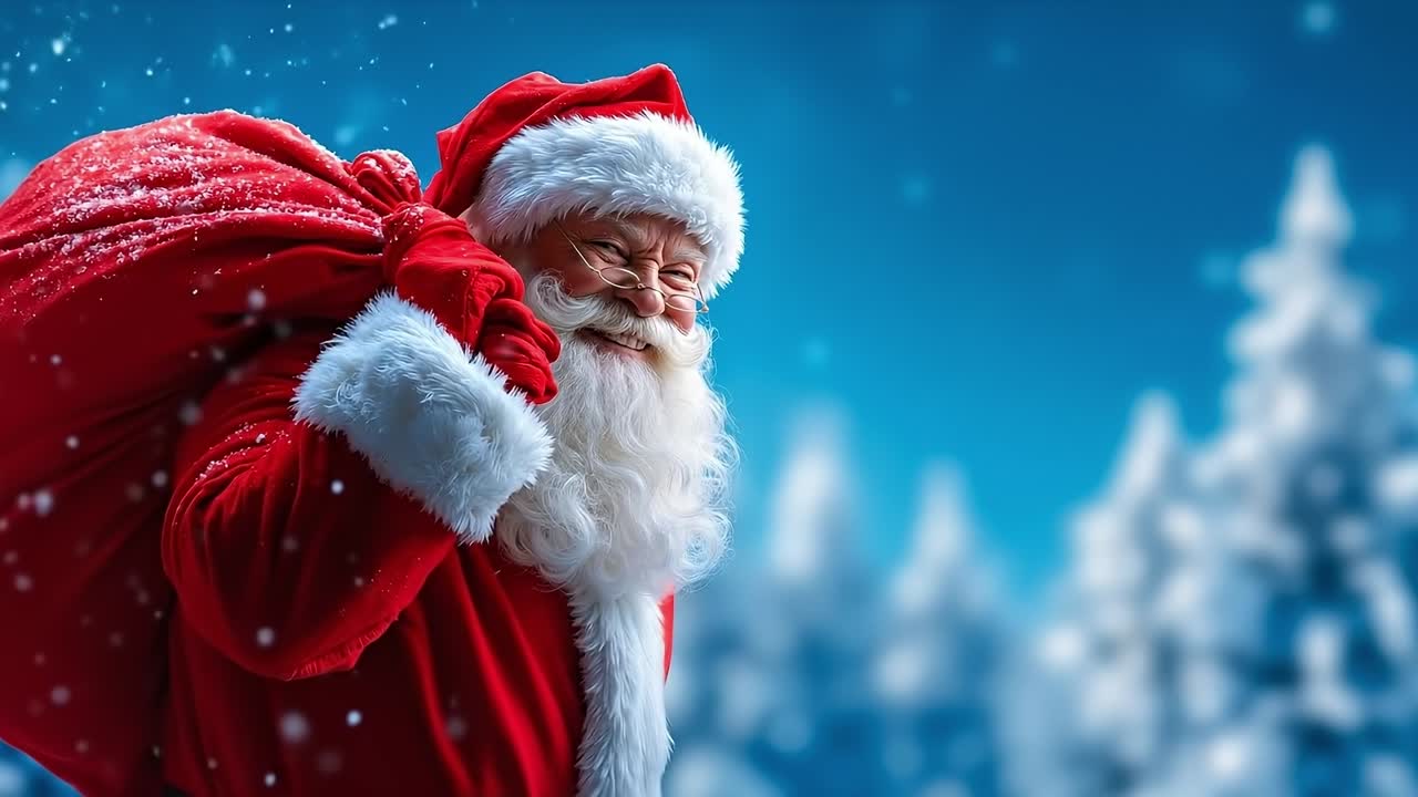 A santa claus holding a red bag of presents in the snow