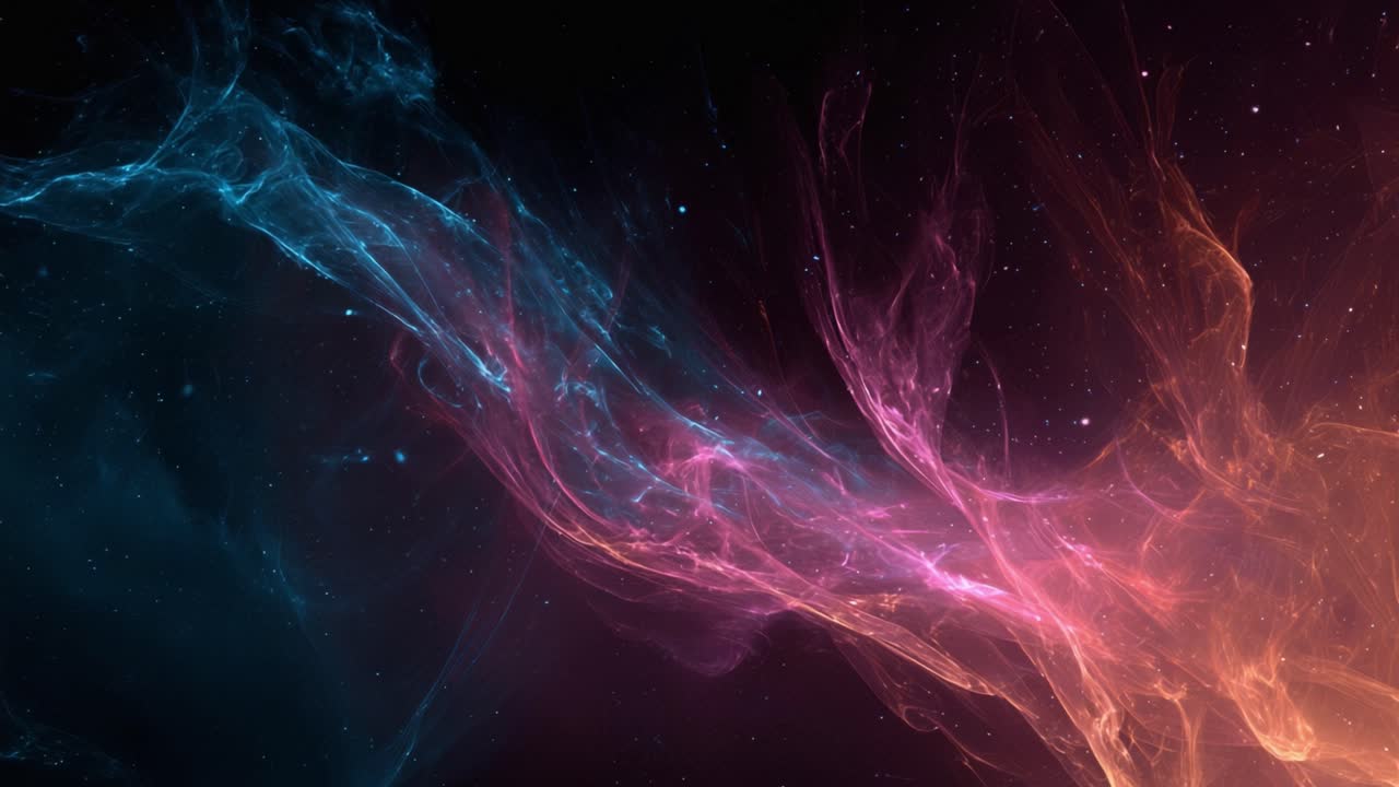 Vibrant interstellar cloud of dust and gas floating in the vastness of deep space. Cosmic abstract background with stars, glowing filaments, and beautiful colorful wisps of plasma