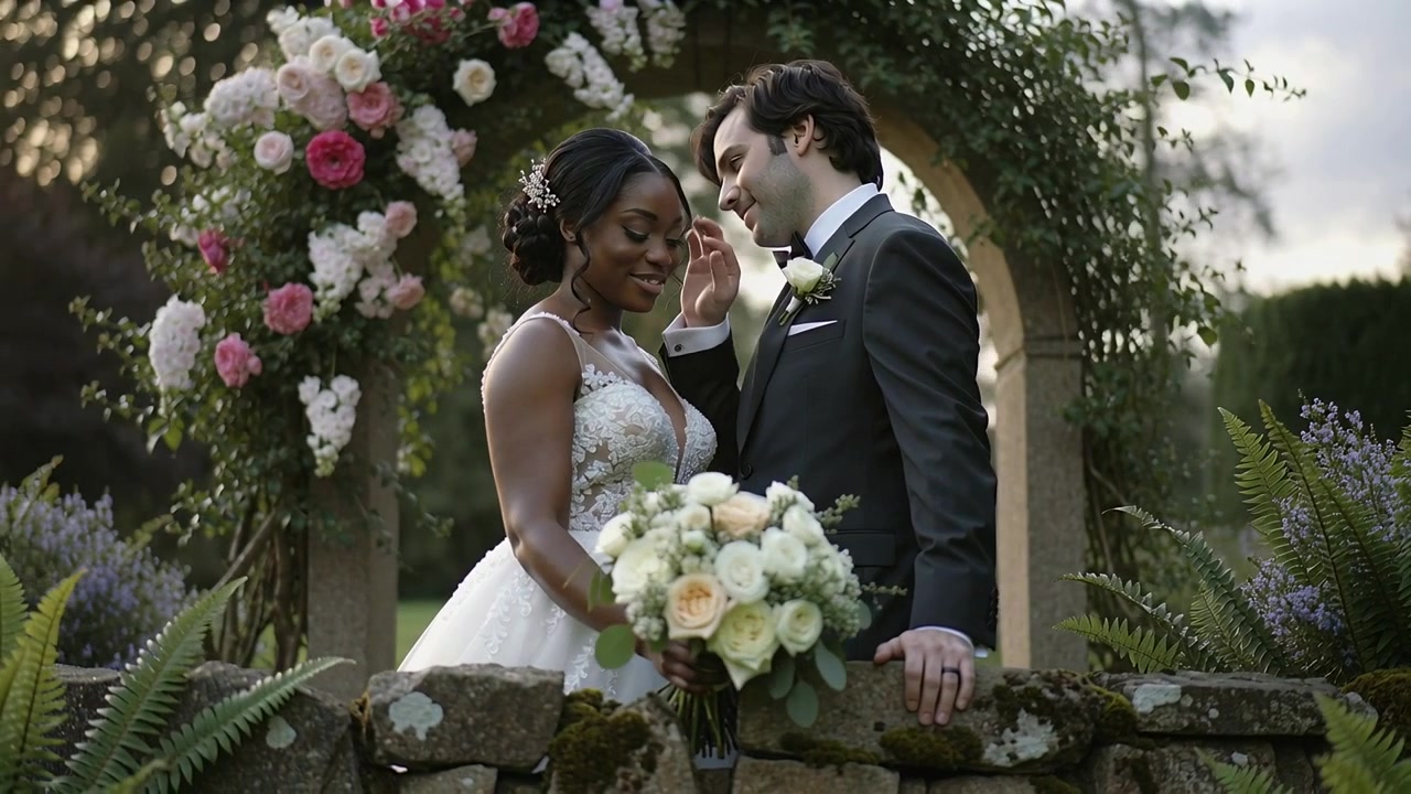 Sposo che si sporge per spazzolare i capelli della sposa dopo un sorriso sotto un arco floreale, sposa in abito che tiene in mano un bouquet
