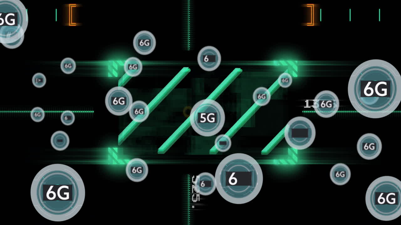 어두운 배경 위에 아이콘과 데이터 처리를 가진 6g 텍스트의 애니메이션