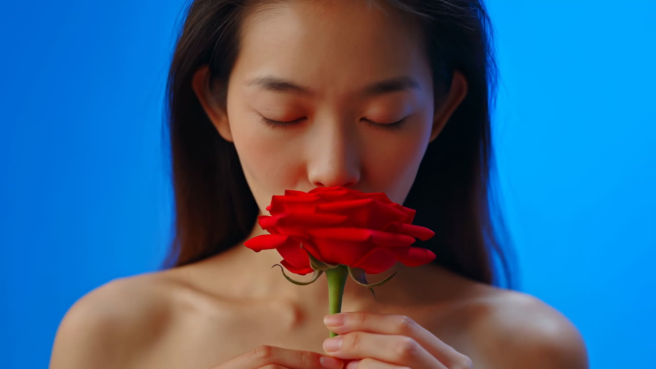 Ritratto di donna asiatica che annusa una rosa rossa, illuminazione da studio serena, occhi chiusi, lenta inalazione del profumo