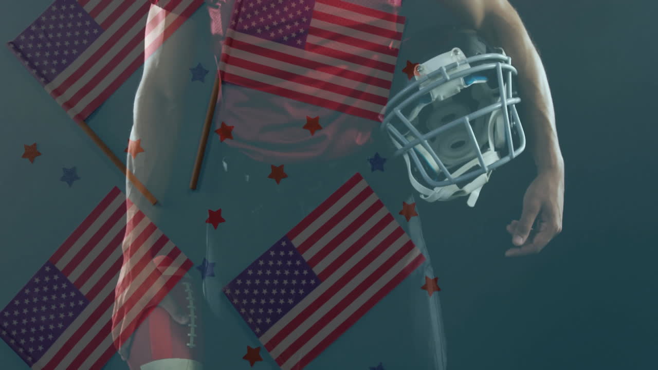 Holding helmet, American football player with animation of flags and stars