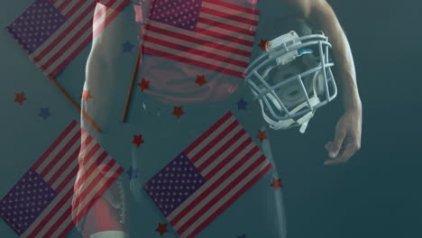 holding helmet, american football player with animation of flags and stars