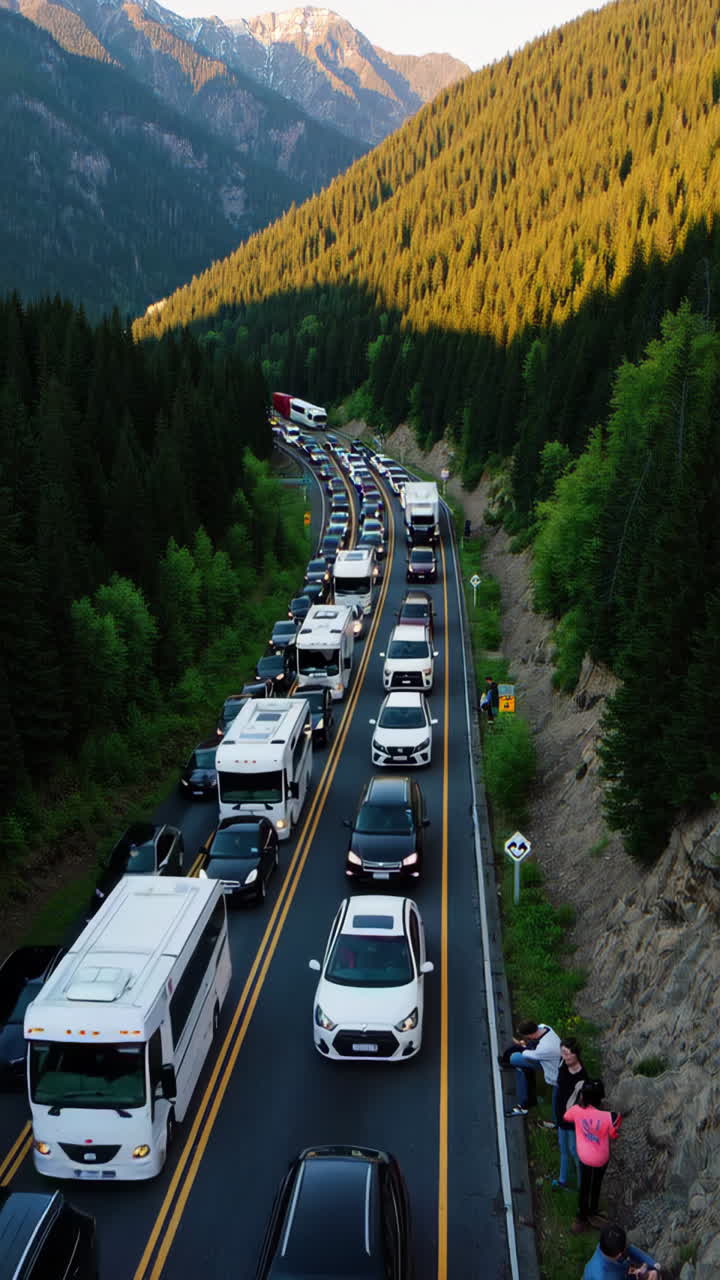 A long line of vehicles stuck in a traffic jam on a scenic mountain road surrounded by forests and peaks