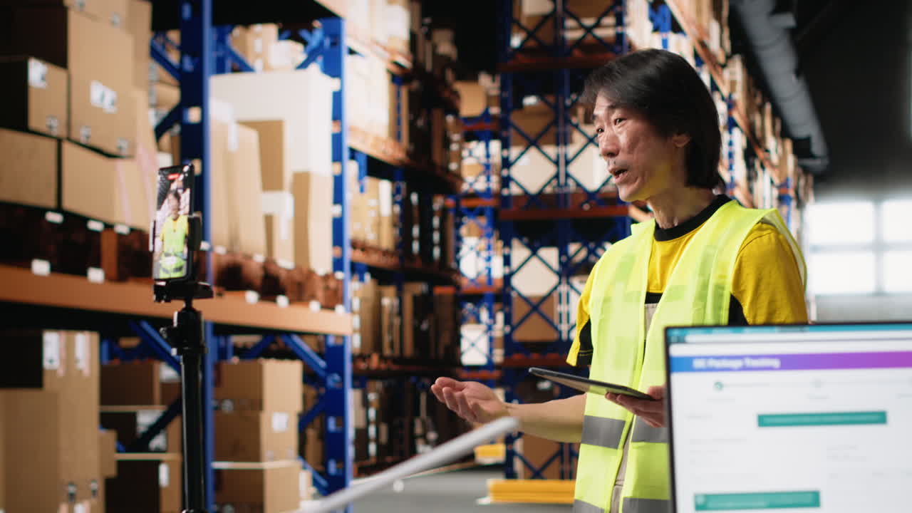 Vertical Video Asian worker promoting the large business industrial warehouse on a vlog
