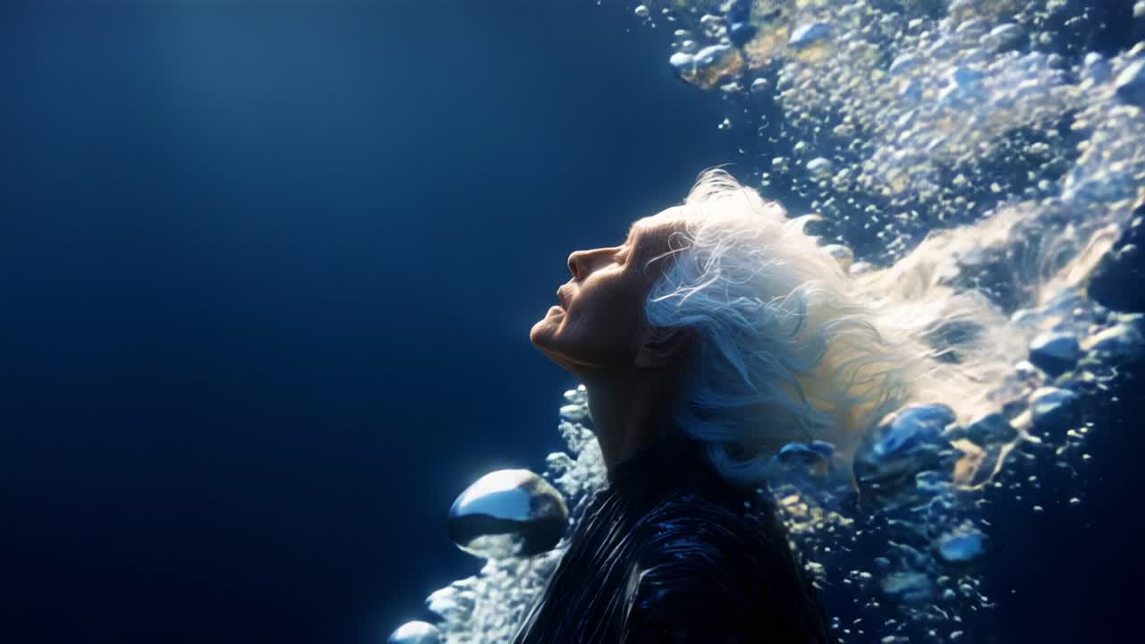 A mesmerizing underwater journey showcasing an ethereal figure submerged in tranquil blue waters, exuding grace and tranquility while surrounded by bubbles and flowing silver hair