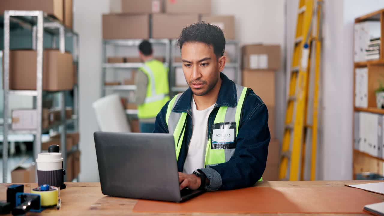 Warehouse worker using laptop