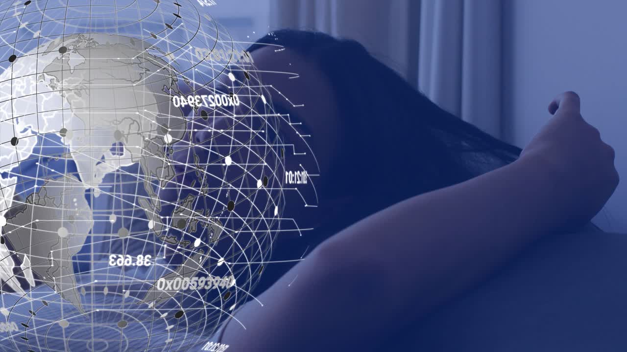 Male model reclining on sofa using phone causing globe speeding up overlay updating in tech demo