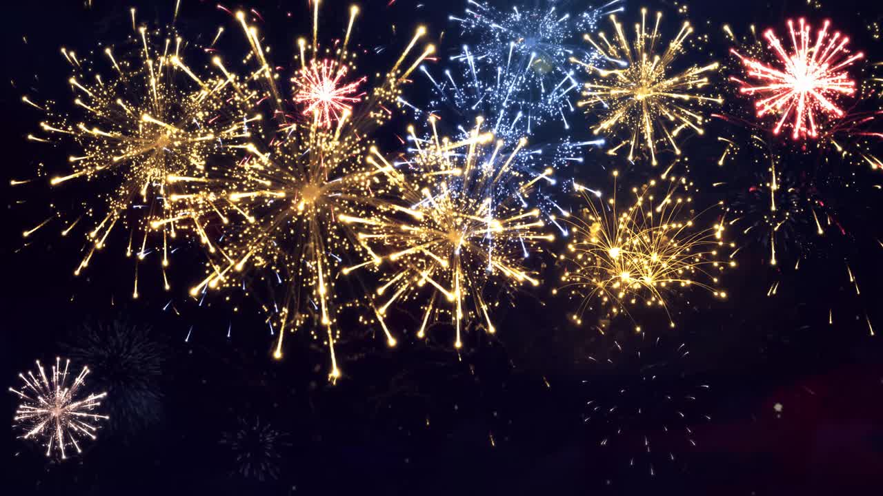 Golden big shiny fireworks with bokeh lights in the night sky loop animation background birthday